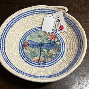 Handmade Ivory Rope Bowl Basket Blue Dragonfly for Jewelry Remotes Makeup Snacks